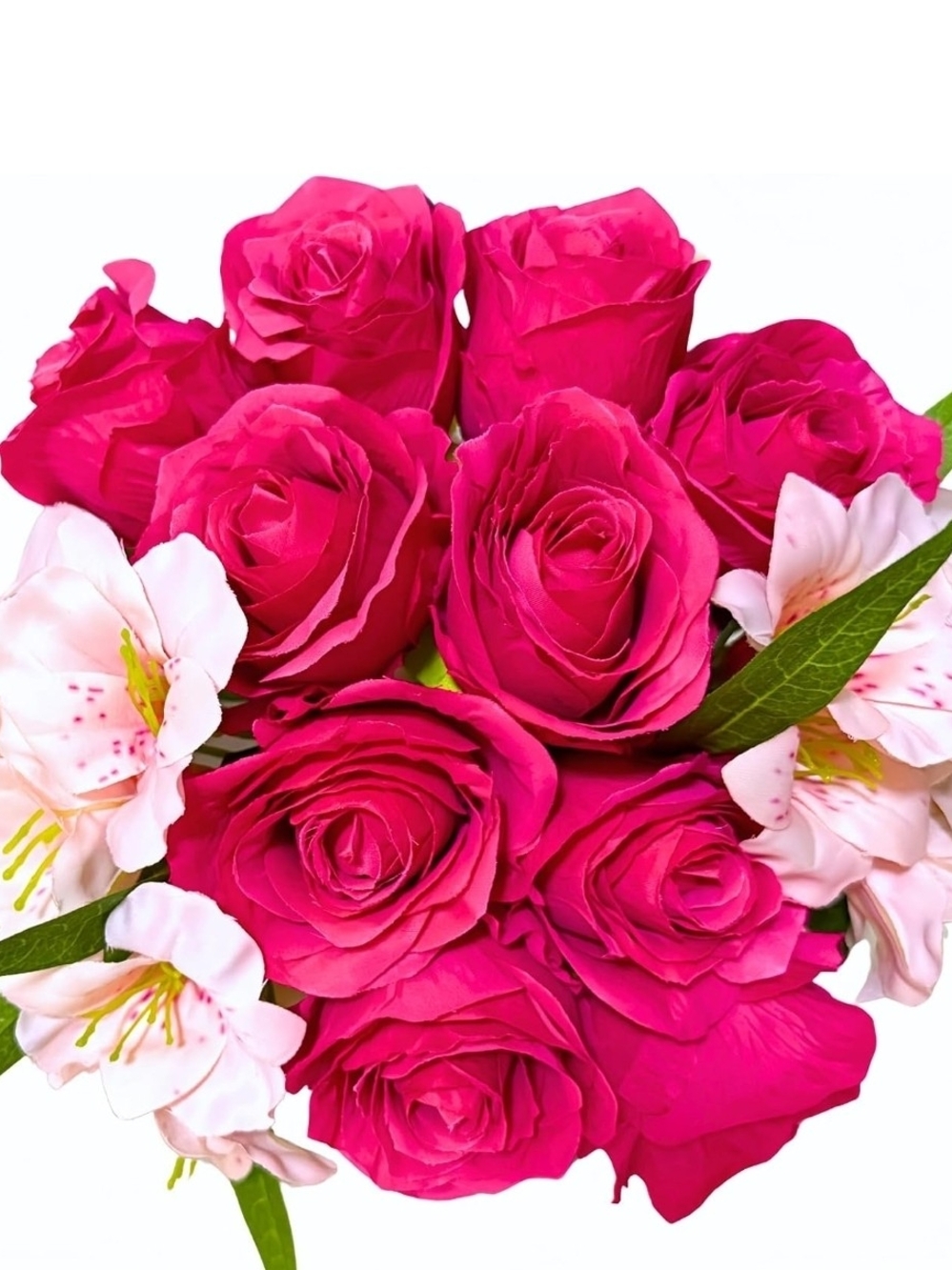 10pc Roses Artificial Flowers & 2pc Fake Lilies, Hot Pink Rose and Pink Lilies